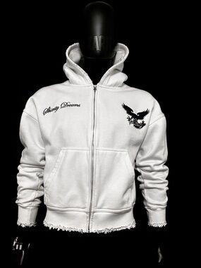 White zip up hoodie with distressed sleeve hoodie and details. Size small